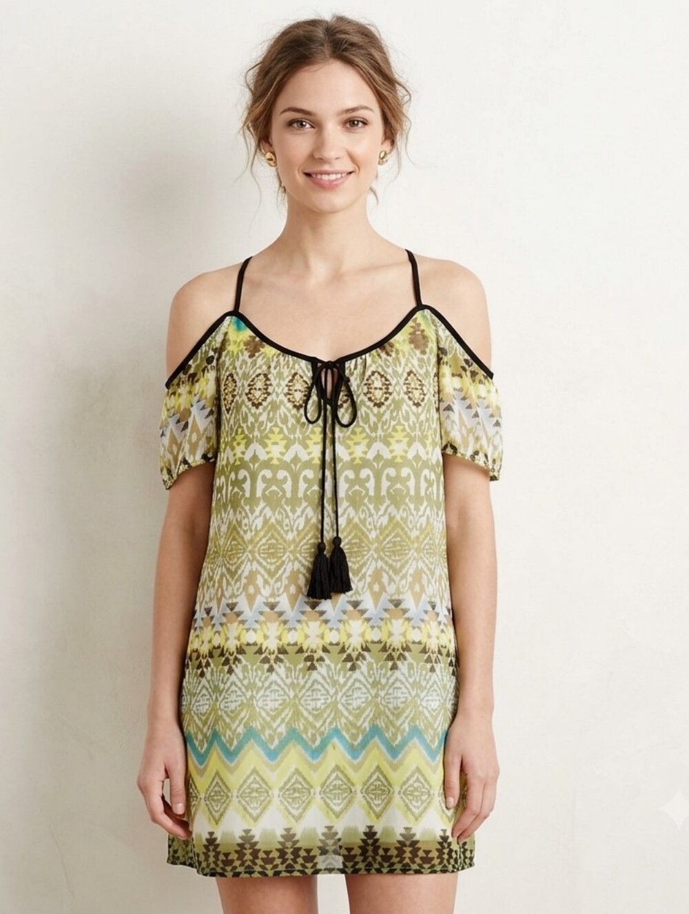 Venus Olive Green Patterned Cold Shoulder Mini Dress